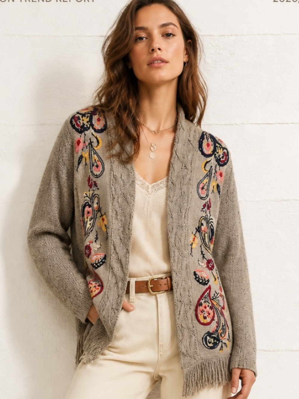 Anthropologie SLEEPING ON SNOW Folklore Cardigan Sweater Embroidered Fringe Boho